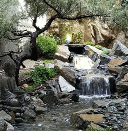 Beautiful Japanese garden with Buddha on left and doubel waterfalls and rocks and shaped tree.