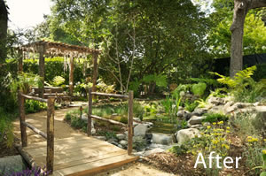 After image with a wood bridge and nice landscaping and pond.