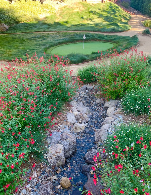 Putting Green and pathways that bridge a small pondless waterfall